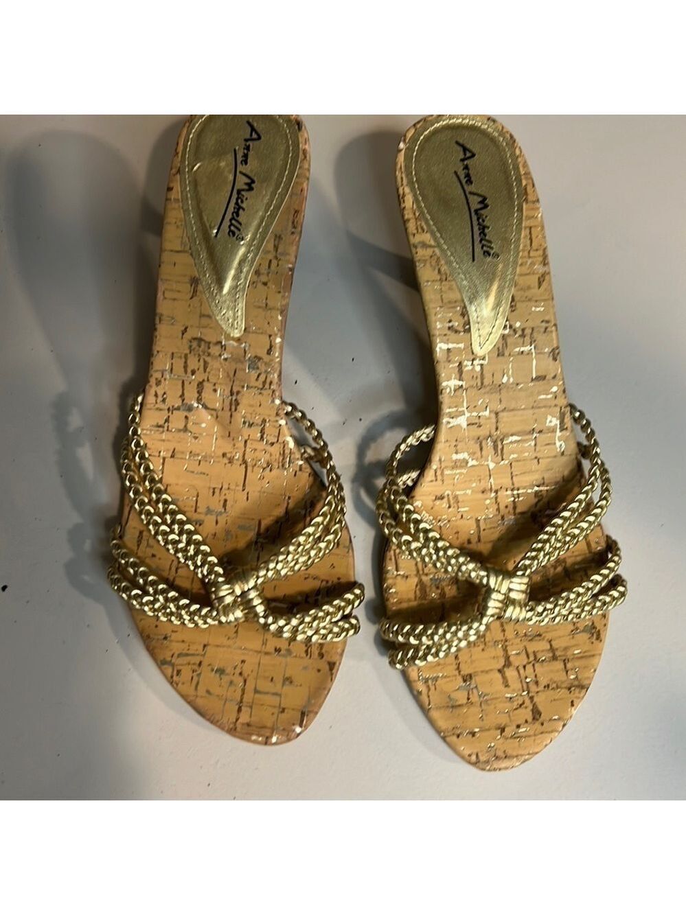 Anne Michelle Gold Braided Cork Sandal Heels Size 9